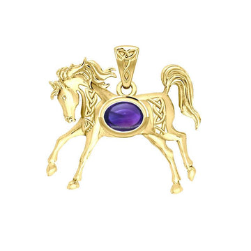 Celtic Running Horse 14K Yellow Gold Pendant with Gem GPD5730 - Jewelry